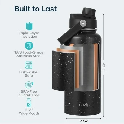 Buzio Duet Series Water Bottle with 2 Lids and Sleeve 1L - Starry Black
